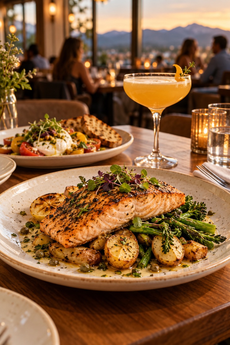 Illustrative restaurant table with plated food and a citrus cocktail in warm window light; not a listed venue